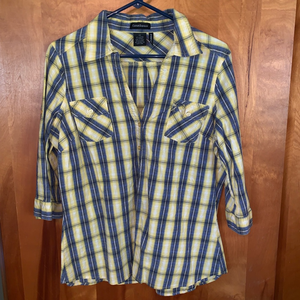 Plaid 3/4 Sleeve Button Down Shirt 2XL